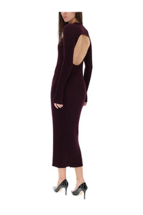 Helmut Lang women’s ribbed deep burgundy knit midi dress with long sleeves and back cutout showing the back side