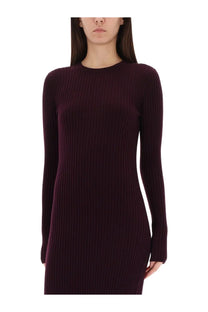 Helmut Lang women’s dress in purple ribbed maroon knit with long sleeves and round neckline