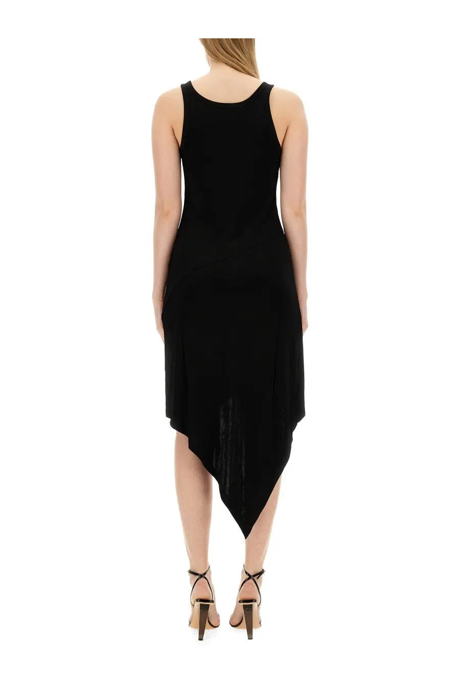 Helmut Lang women’s black jersey camisole dress with sleeveless asymmetrical design and flowing draped silhouette