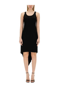 Helmut Lang women’s black jersey sleeveless camisole dress with a simple form-fitting high-low silhouette