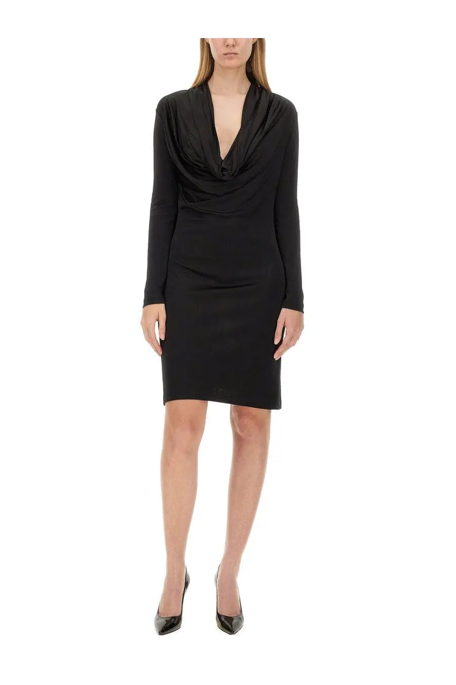 Helmut lang women’s black jersey dress with long sleeves draped cowl neckline and fitted silhouette