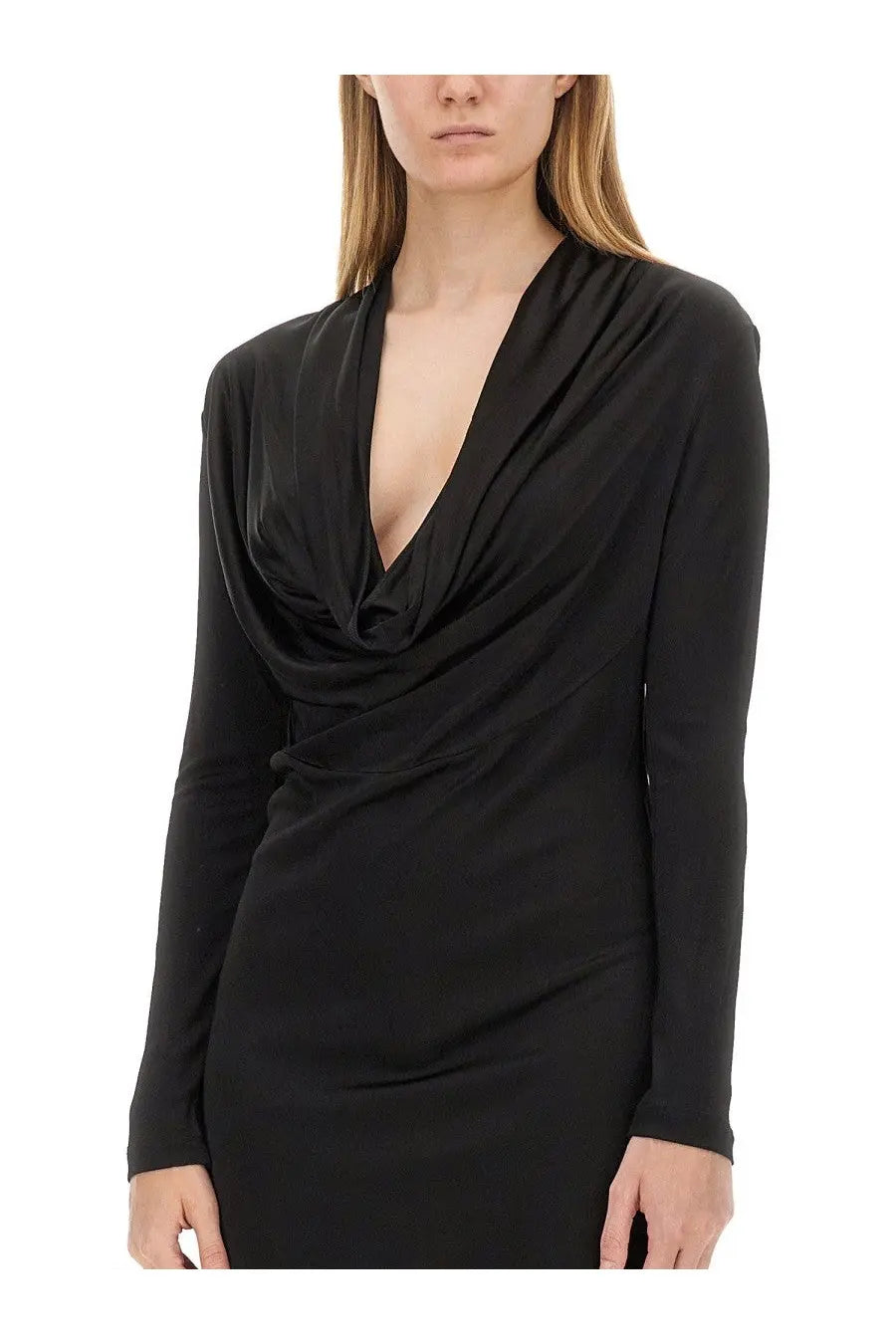 Helmut Lang women’s black jersey dress with long sleeves and draped deep v-neckline in smooth fabric