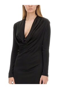 Helmut Lang women’s black jersey dress with long sleeves and draped deep v-neckline in smooth fabric