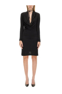 Helmut lang women’s black jersey dress with long sleeves draped neckline and subtle logo at hem