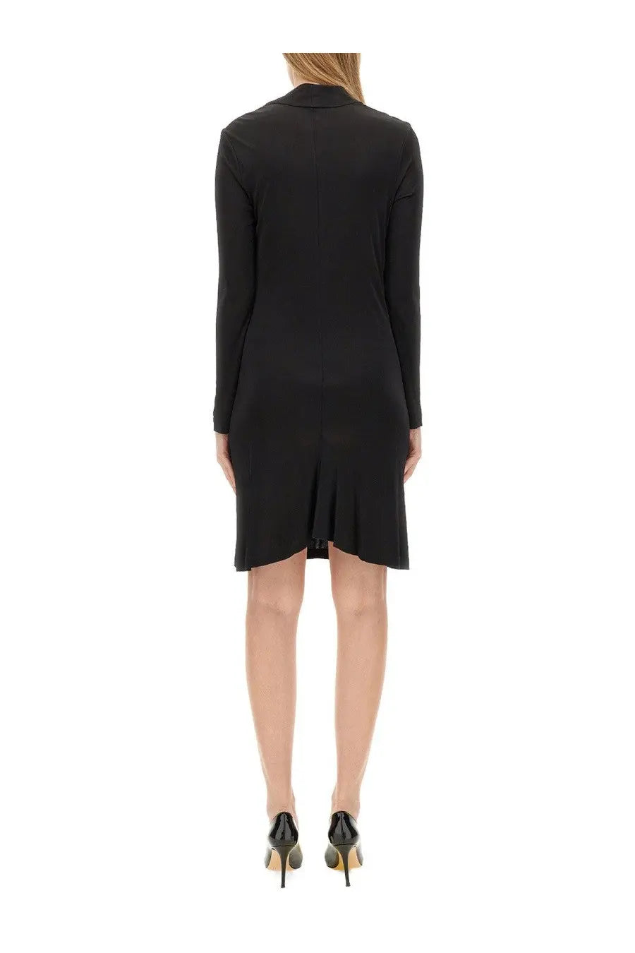 Helmut Lang women’s black jersey dress with long sleeves tailored collar and asymmetrical hemline front view