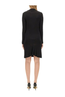 Helmut Lang women’s black jersey dress with long sleeves tailored collar and asymmetrical hemline front view