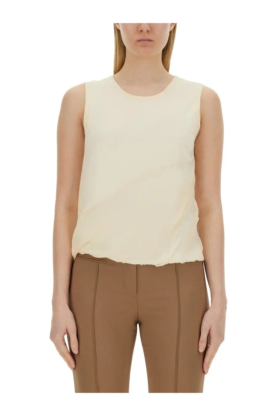 Helmut Lang women’s cream-colored sleeveless jersey tank top with soft flowing fabric and gently curved hemline