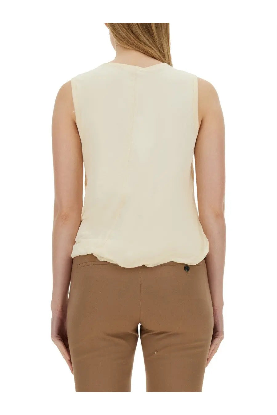 Cream-colored sleeveless Helmut Lang women’s jersey tank top with soft flowing fabric and scalloped hemline