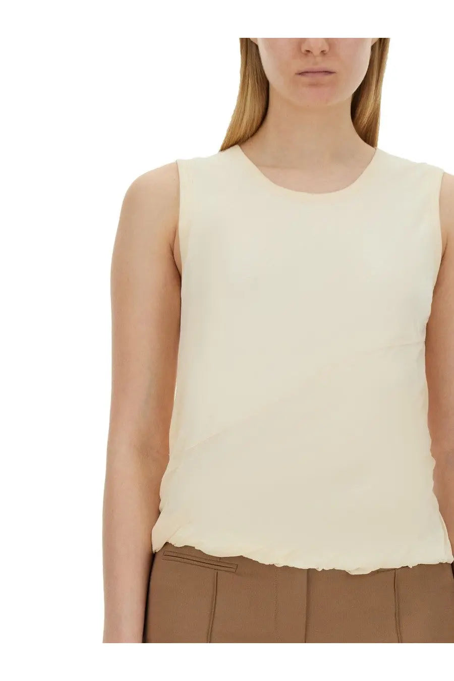 Helmut Lang women’s jersey tank top in pink sleeveless soft flowing fabric with cream scalloped hem
