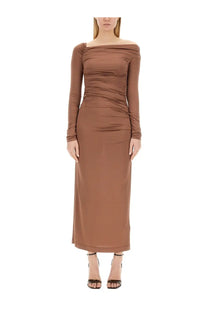 Helmut Lang women’s midi dress beige in brown satin with ruched bodice and off the shoulder neckline