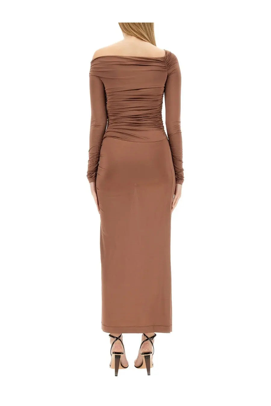 Helmut Lang women’s midi dress beige in sleek brown satin with long sleeves and ruched off the shoulder neckline