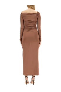 Helmut Lang women’s midi dress beige in sleek brown satin with long sleeves and ruched off the shoulder neckline