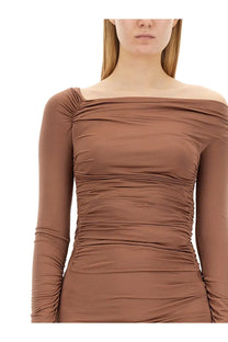 Helmut lang women’s midi dress beige taupe ruched long sleeve with draped off the shoulder neckline