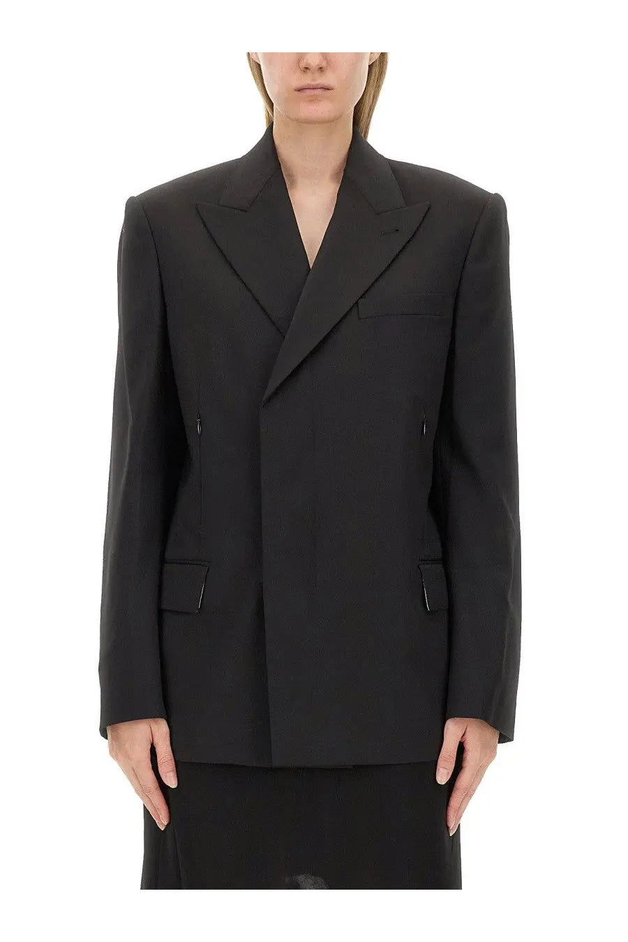 Helmut Lang women’s oversize fit jacket black with a modern oversized silhouette and clean lines in structured fabric