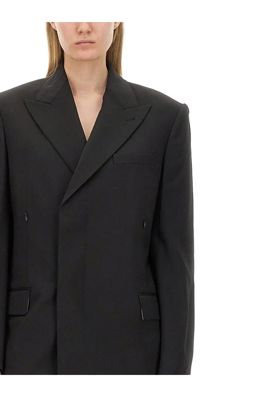 Helmut Lang women’s oversize fit black blazer with sharp shoulders and minimalist design in structured fabric