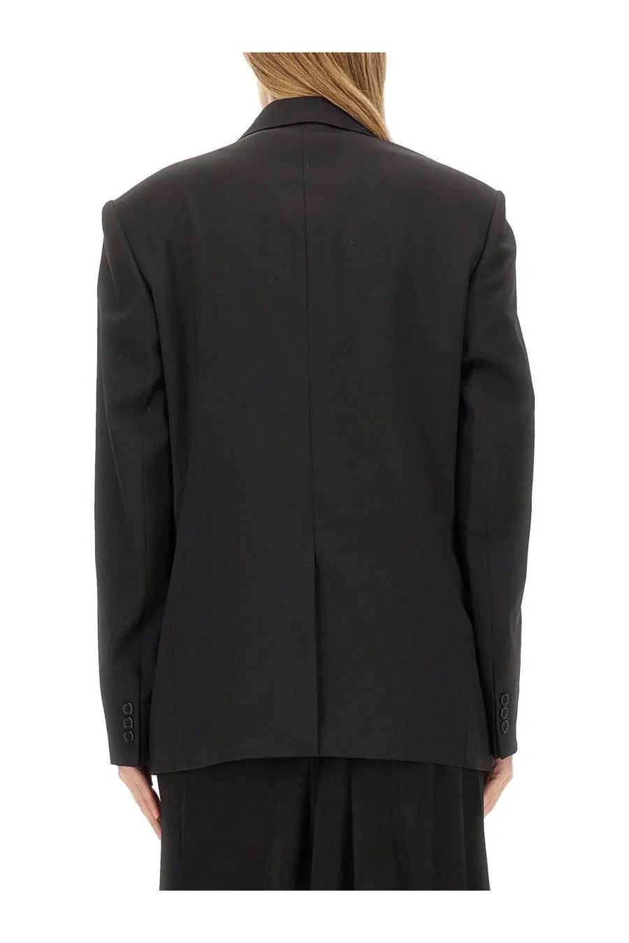 Helmut Lang women’s oversize fit black tailored blazer with structured silhouette and three-button cuffs