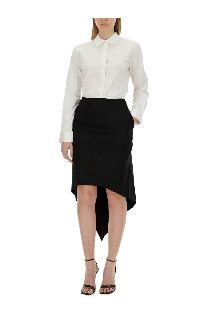 Helmut lang women’s white poplin fitted shirt paired with black high-waisted asymmetrical skirt with flowing hemline