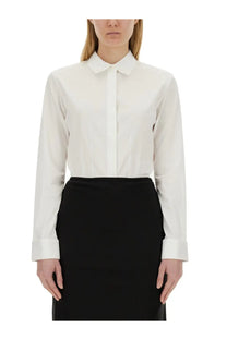Helmut Lang women’s poplin fitted white button-down blouse with crisp collar long sleeves smooth cotton fabric