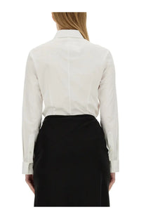 Helmut Lang women’s poplin fitted shirt in crisp white with long sleeves, classic collar, and folded cuffs