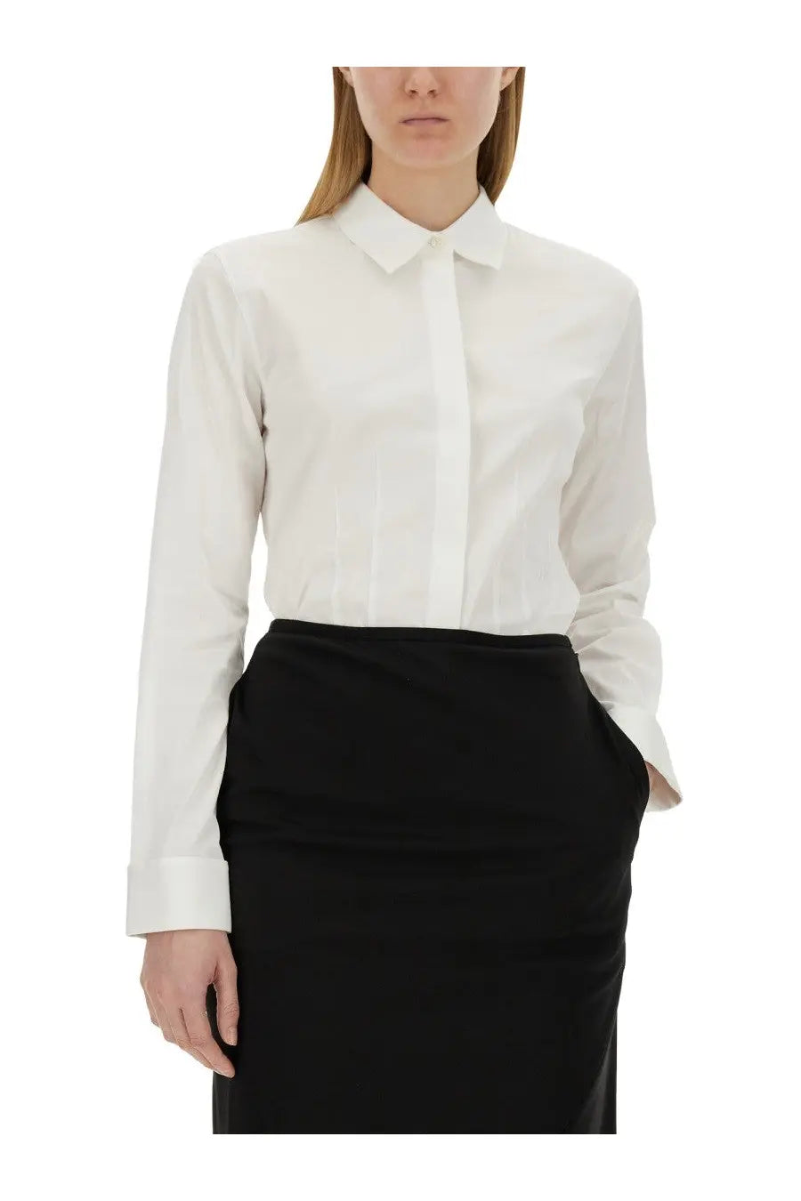 Helmut Lang women’s poplin fitted shirt white long-sleeved button-down with classic collar and crisp pressed fabric