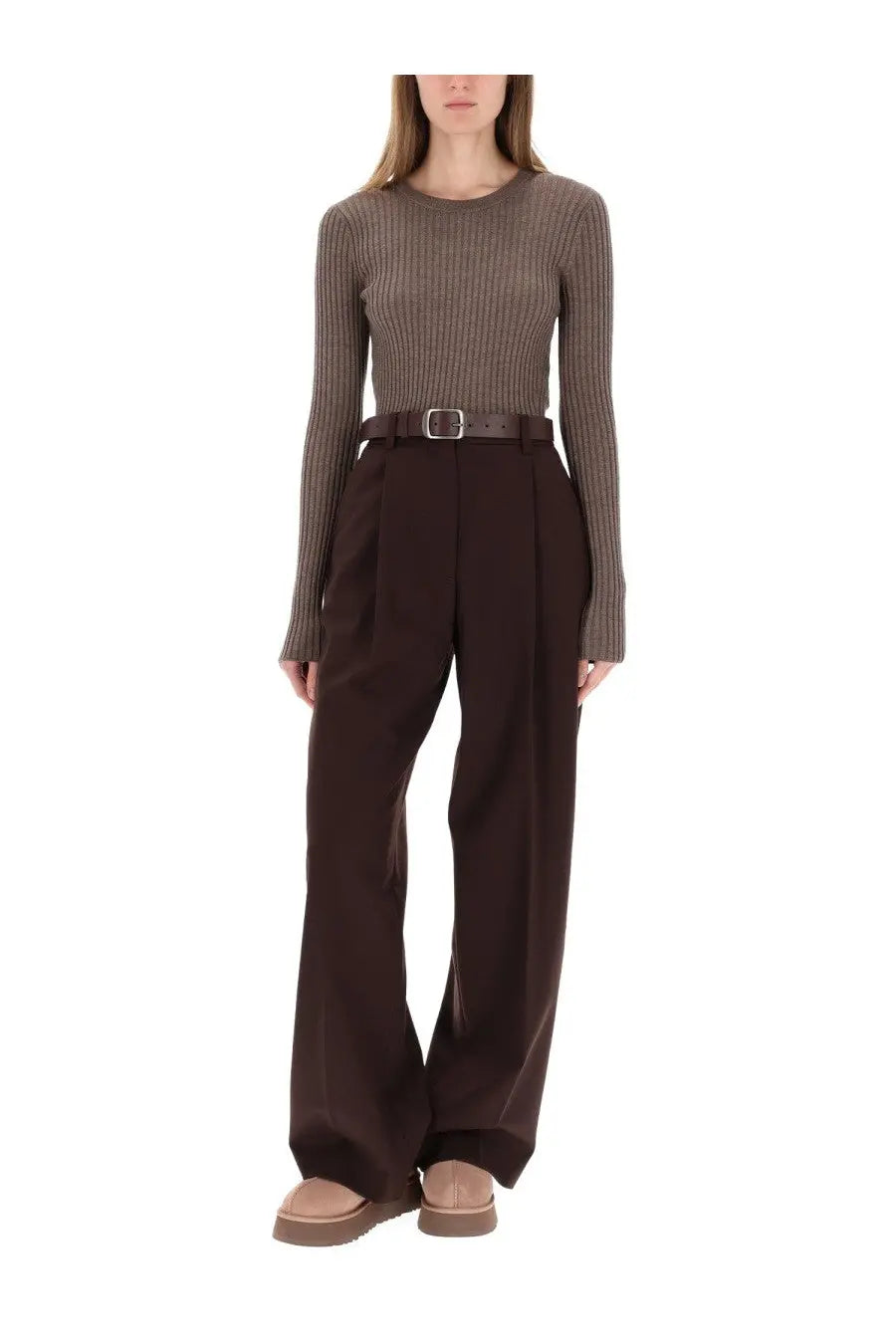 Helmut Lang women’s brown ribbed knit long sleeve top with round neckline and matching belt