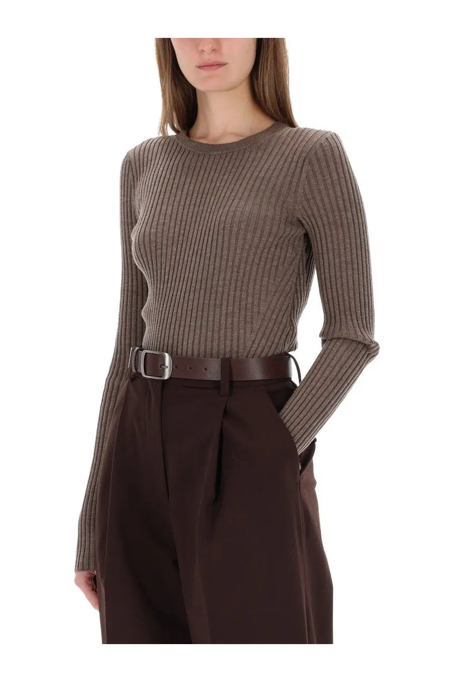 Helmut Lang women’s ribbed long-sleeved top in muted taupe made of fine knit fabric