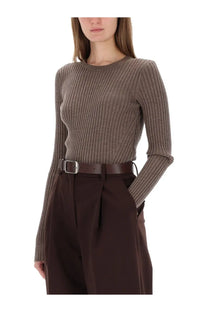 Helmut Lang women’s ribbed long-sleeved top in muted taupe made of fine knit fabric