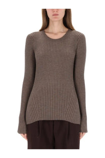Helmut lang women’s ribbed brown top with long sleeves vertical texture and asymmetrical hemline in muted taupe