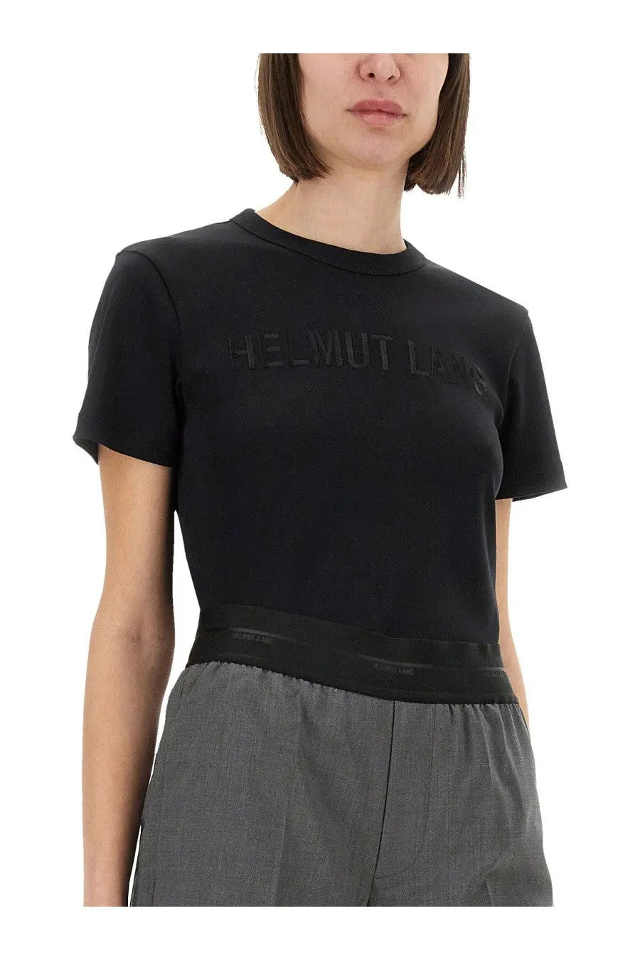 Helmut Lang women’s black short-sleeved crop top featuring a subtle embossed logo across the chest