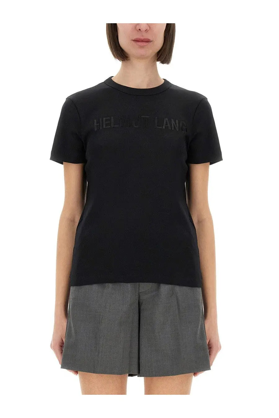 Helmut Lang women’s black short-sleeved cotton t-shirt with subtle tonal embroidered logo on the chest