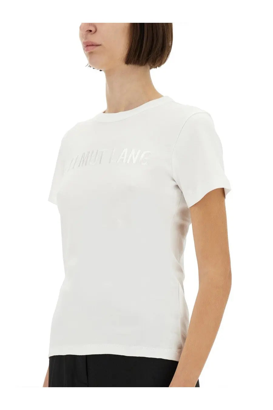 Helmut Lang women’s white cotton t-shirt with subtle raised ysl logo across the chest
