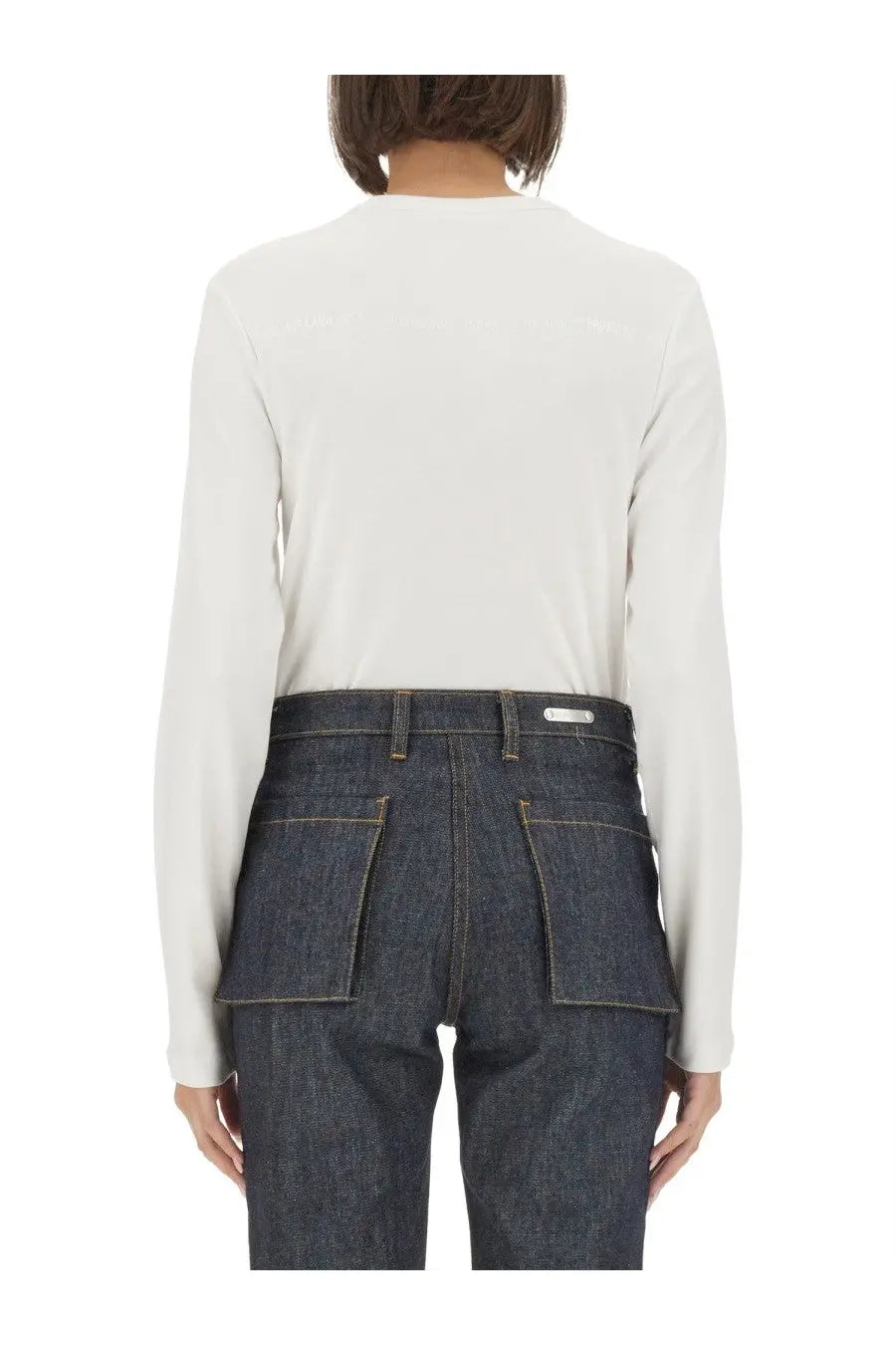Dark blue denim trousers with high waist and prominent back pockets shown from the back for helmut lang women shirt white