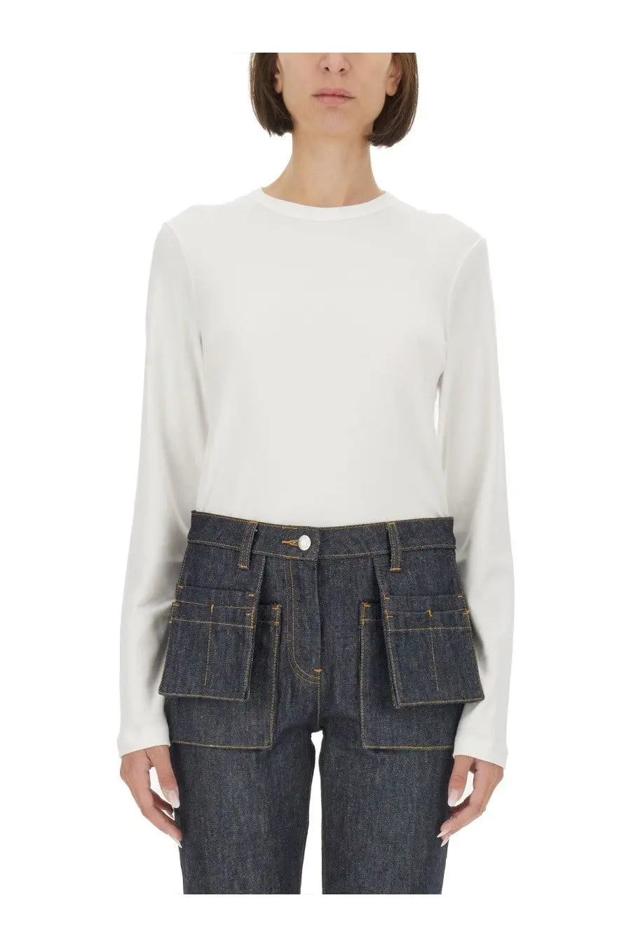 Dark blue denim trousers with flap front pockets and white button waistband in helmut lang women’s shirt white product image