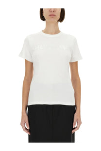 Helmut lang women’s white short-sleeved t-shirt with subtle reflective salvatore ferragamo logo on the chest