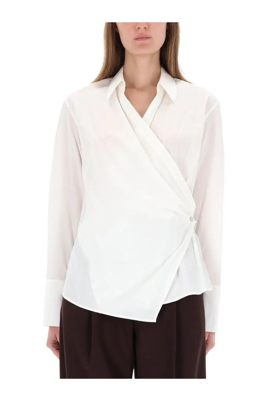 Helmut Lang women’s wrap blouse in crisp white with long sleeves and subtle button details in a lightweight fabric