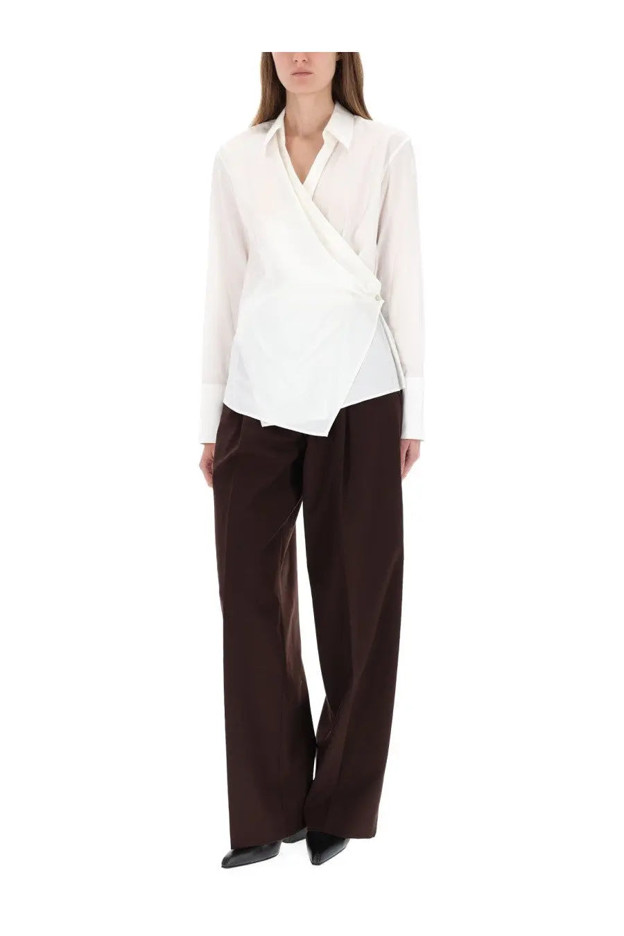 Helmut Lang women’s white wrap-front blouse with long sleeves and minimalist design for elegant wear