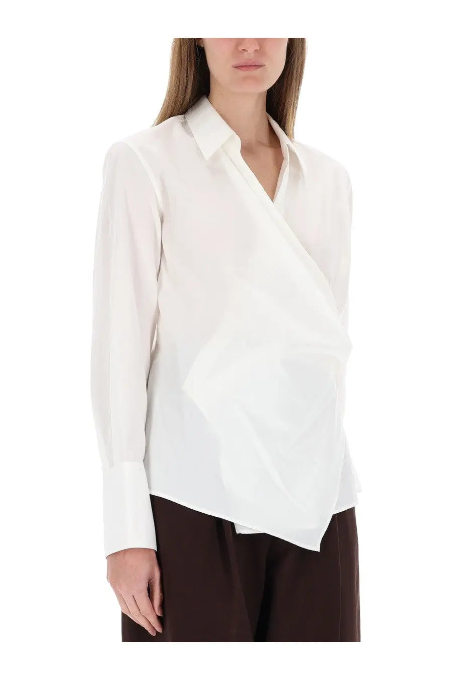 Helmut Lang women’s white shirt featuring a sleek asymmetrical wrap design with long sleeves
