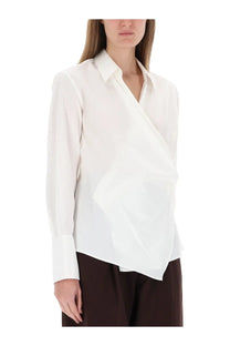 Helmut Lang women’s white shirt featuring a sleek asymmetrical wrap design with long sleeves
