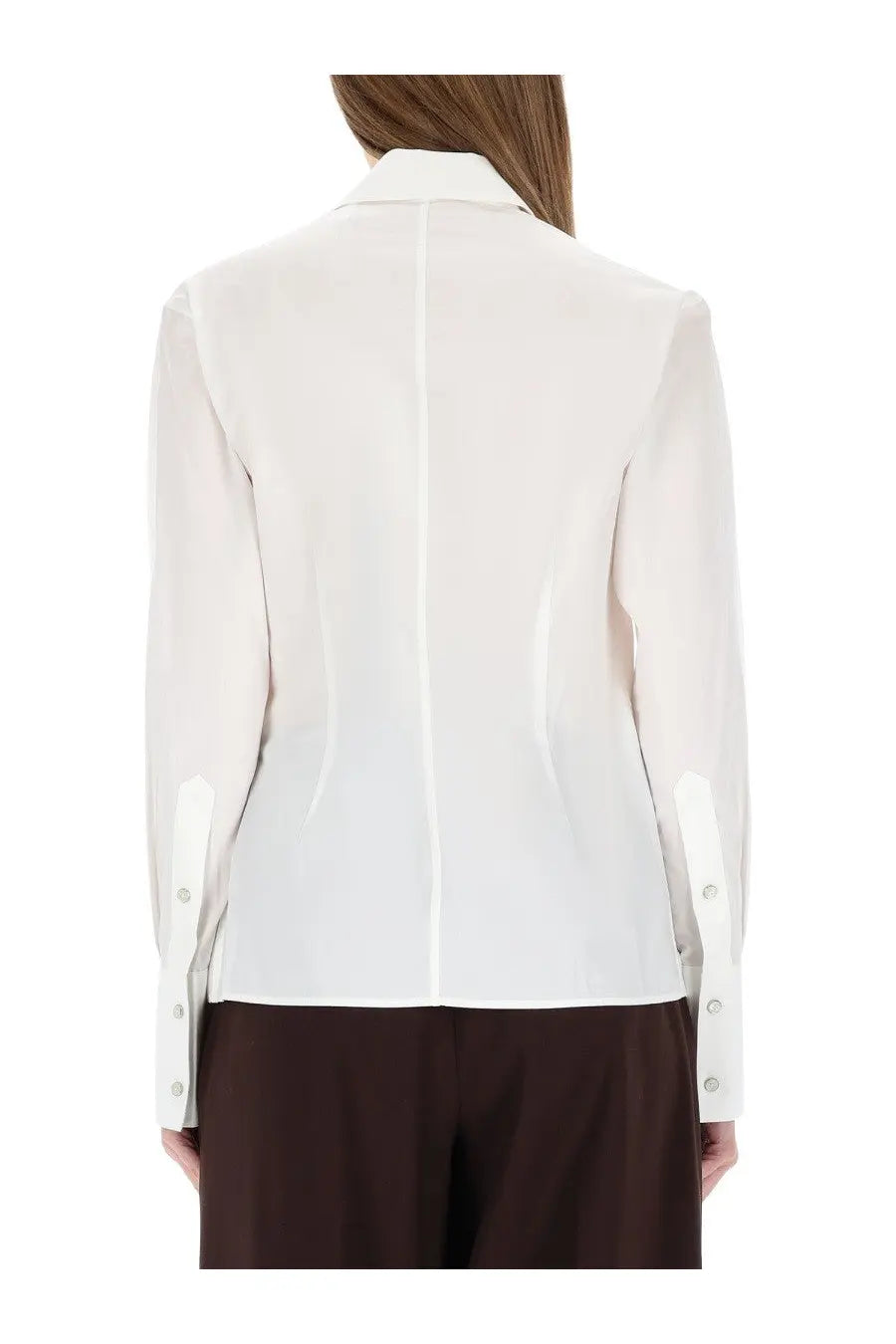 Helmut lang women’s off-white silk blouse with straight back seam and buttoned cuffs shown from the back side