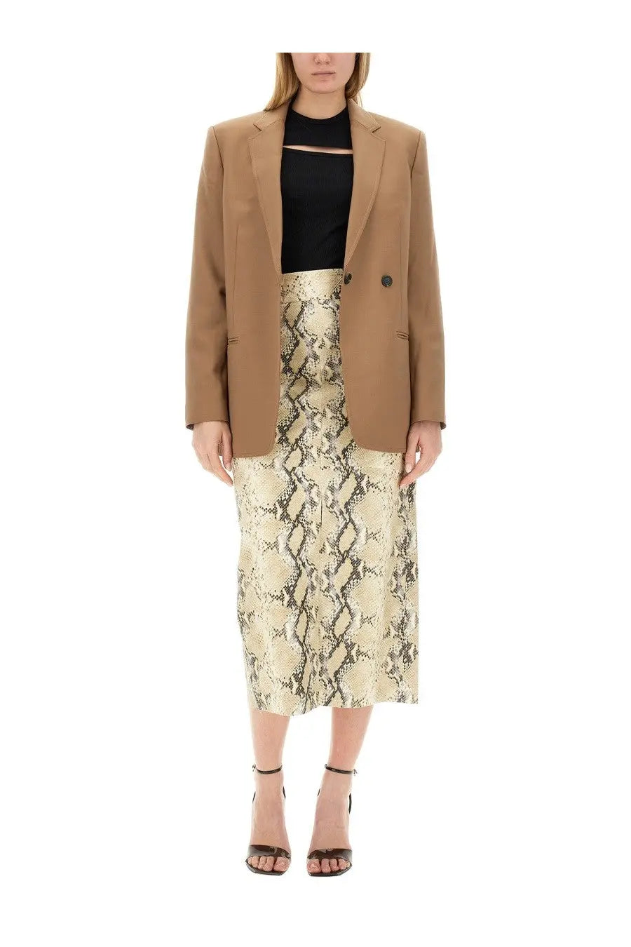 A beige snake-print midi skirt with glossy satin-like finish paired with helmut lang women’s single double breasted blazer beige