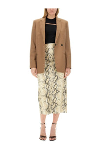 A beige snake-print midi skirt with glossy satin-like finish paired with helmut lang women’s single double breasted blazer beige
