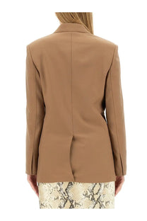 Back view of tan Helmut Lang women’s single double breasted blazer with structured shoulders and central seam