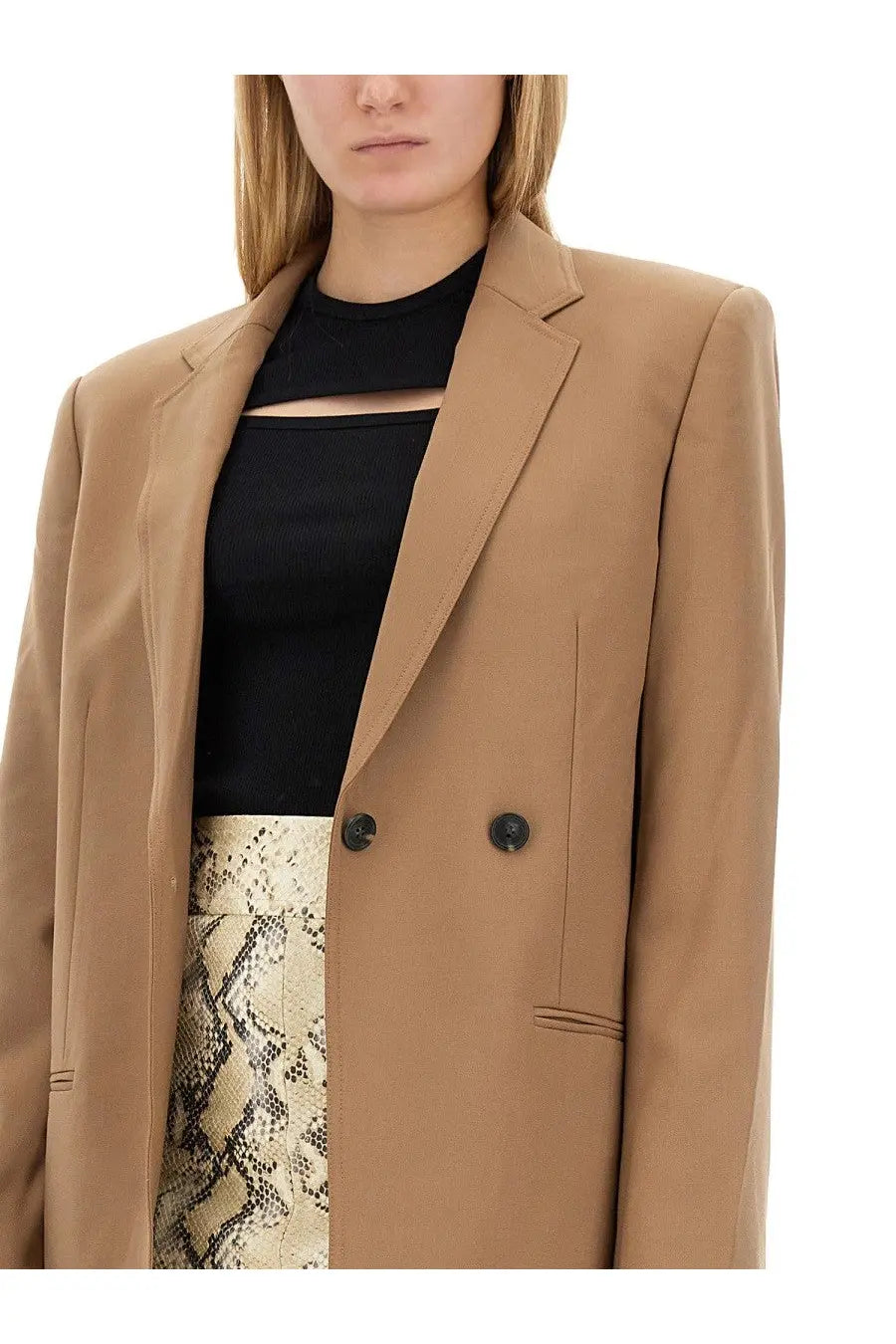 Helmut Lang women’s beige double-breasted blazer with black buttons and structured shoulders in tan material
