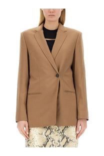 Helmut Lang women’s beige single double breasted blazer with structured shoulders and a single black button