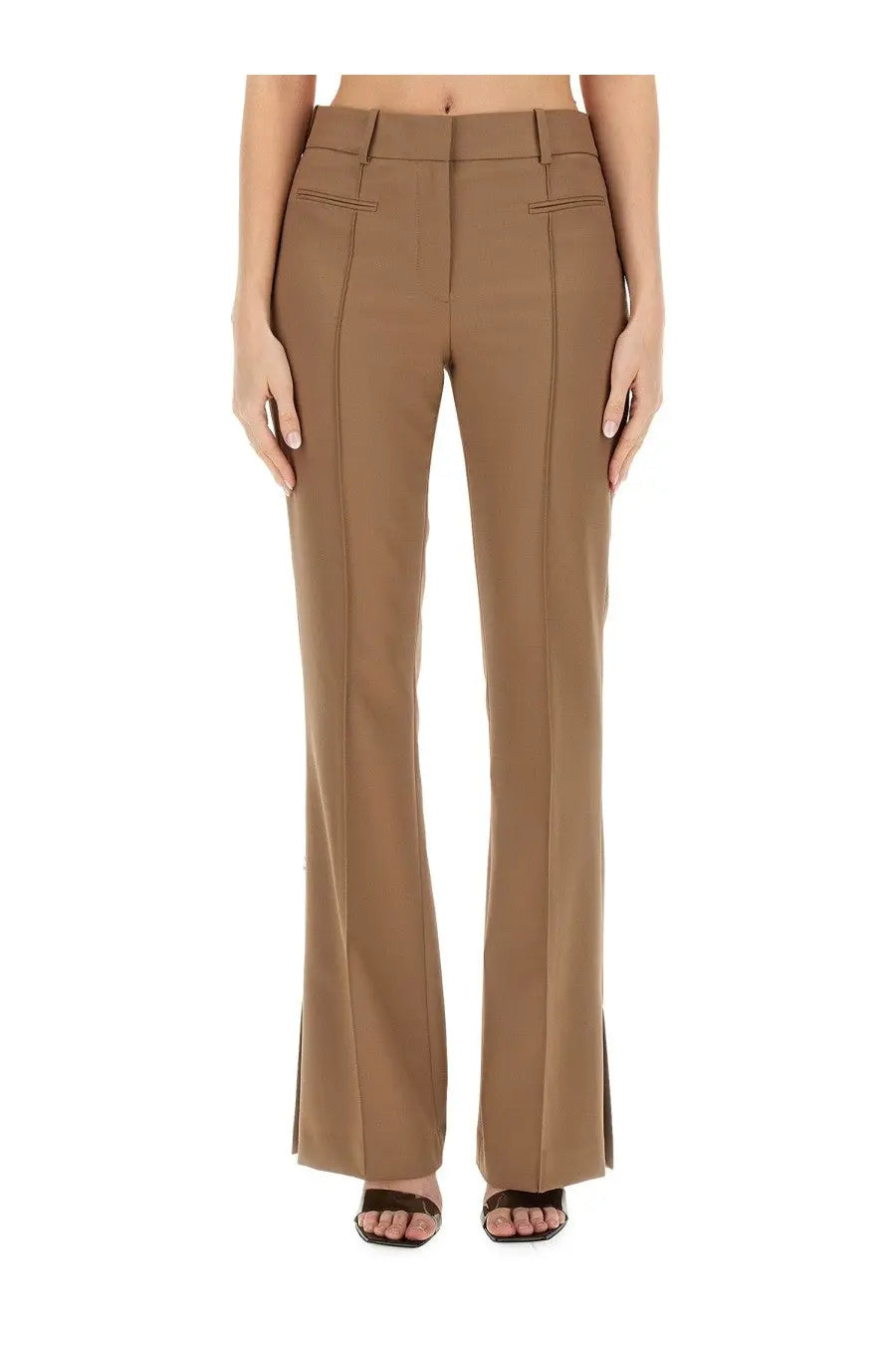 Helmut lang women’s slim fit beige pants in tan high-waisted flared style with tailored fit and subtle side slits