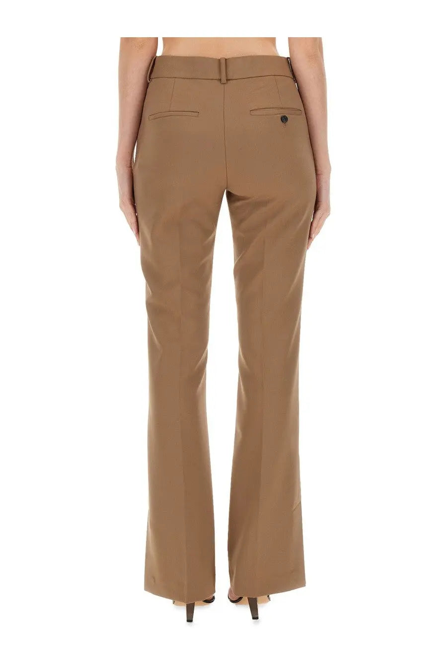Tan slim fit helmut lang womens trousers with tailored fit and subtle back pleats shown from the back side