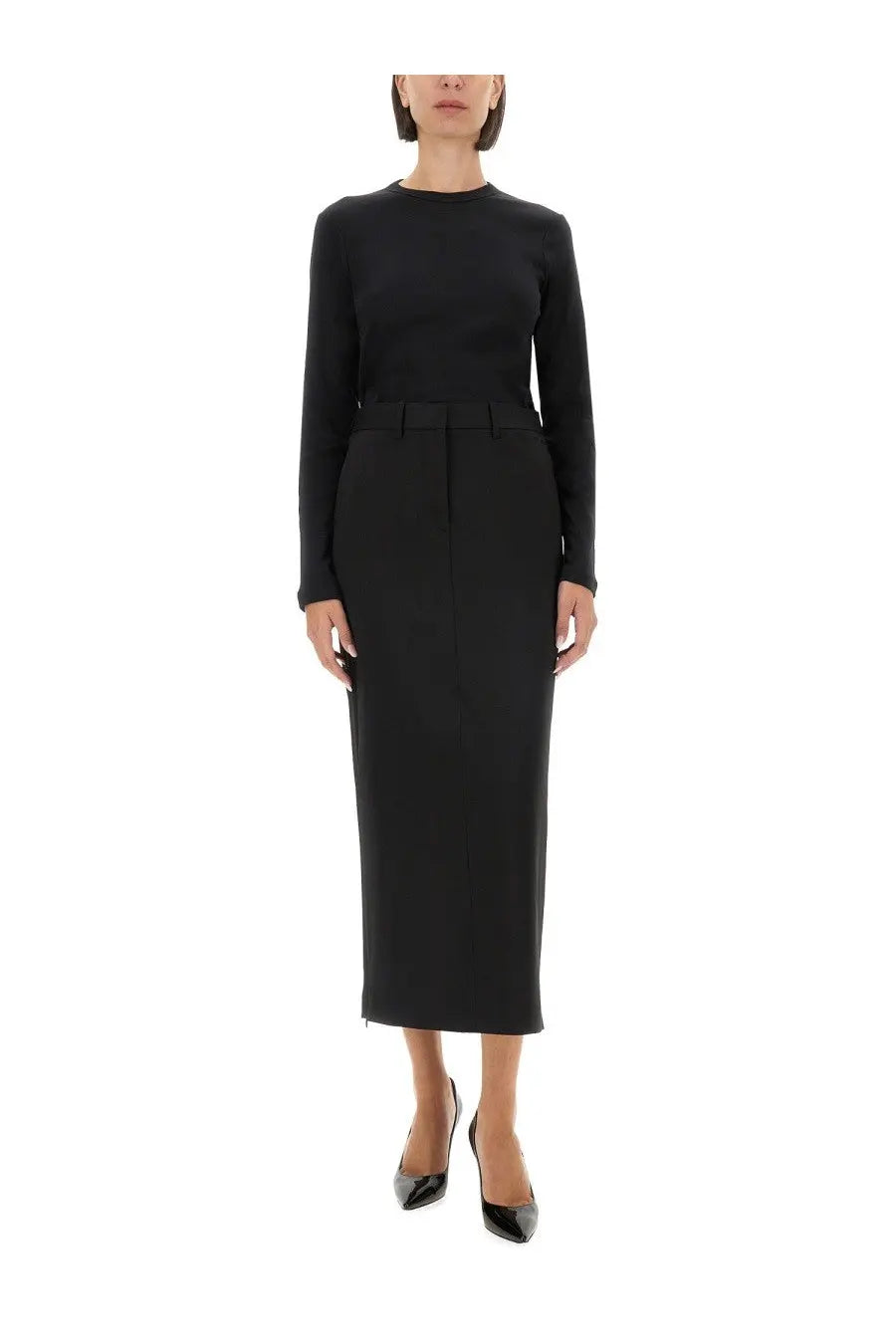 Helmut Lang women’s slim fit black long-sleeved shirt with high waist belt detail in fitted midi length
