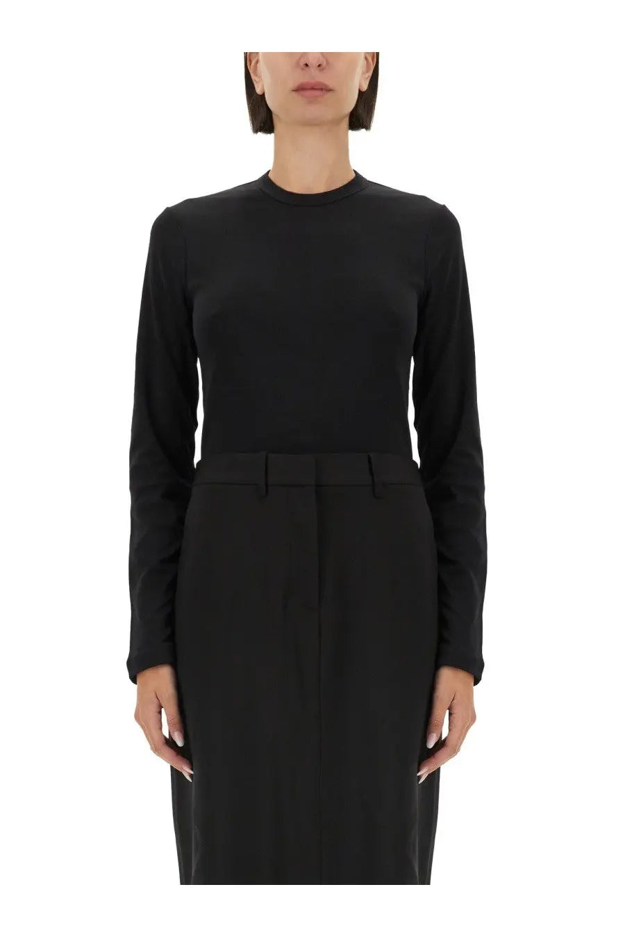 Helmut Lang women’s slim fit black long-sleeved shirt with high neckline and tailored fit in soft fabric