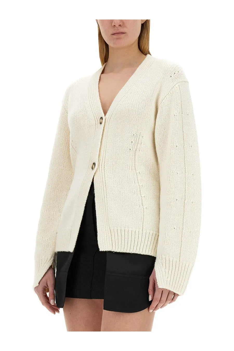 Helmut Lang women’s cream-colored chunky-knit cardigan with v-neck and button closure in tailored white style