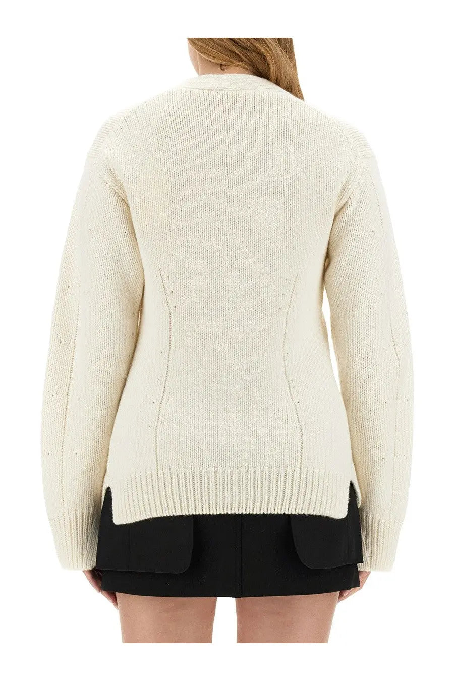 Helmut Lang women’s tailored cardigan in cream ribbed knit with relaxed fit and subtle side seam detailing